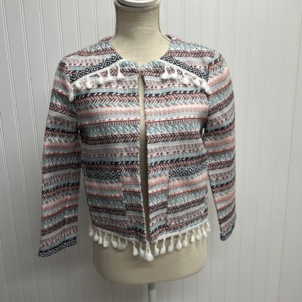 Jack by BB Dakota Gilberth Jacquard Tassel Trim Open Front Blazer